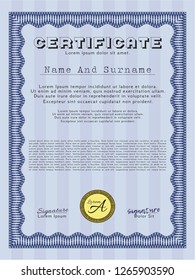 Blue Certificate. Lovely design. Vector illustration. With complex background. 
