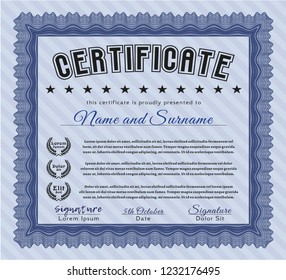 Blue Certificate. Modern design. Vector illustration. With linear background. 