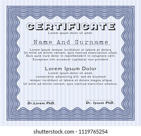 Blue Certificate. Money Pattern design. Detailed. With complex background. 