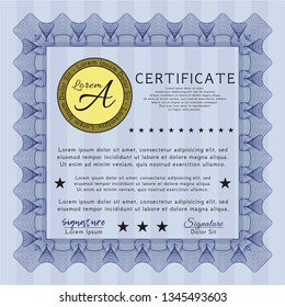 Blue Certificate. Nice design. With guilloche pattern. Vector illustration. 