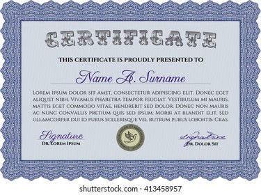 Blue Certificate. Printer friendly. Complex design. Detailed. 