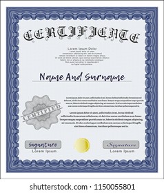 Blue Certificate. Printer friendly. Detailed. Money Pattern design. 