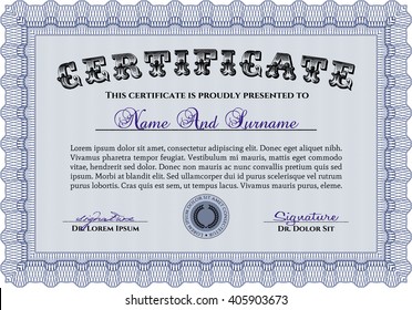 Blue Certificate. Printer friendly. Detailed. Complex design. 