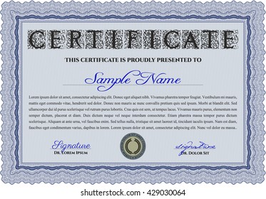 Blue Certificate. Printer friendly. Detailed. Complex design. 