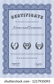 Blue Certificate. Printer friendly. Money style design. Customizable, Easy to edit and change colors. 