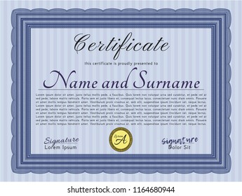 Blue Certificate. Printer friendly. Vector illustration. Artistry design. 