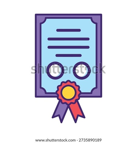 A blue certificate with a purple border and a colorful ribbon