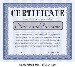 Blue Certificate. With quality background. Retro design. Vector illustration. 