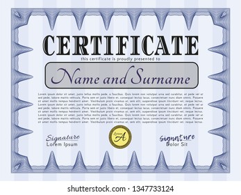 Blue Certificate. Retro design. Customizable, Easy to edit and change colors. With guilloche pattern and background. 