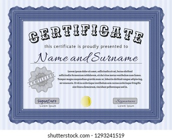 Blue Certificate. Superior design. With linear background. Detailed. 