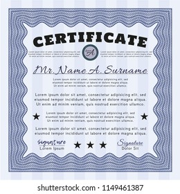 Blue Certificate template. With background. Lovely design. Vector illustration. 