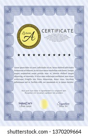 Blue Certificate template. With background. Modern design. Vector illustration. 