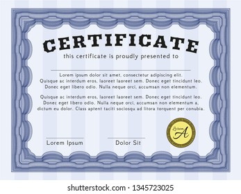 Blue Certificate template. Beauty design. With linear background. Detailed. 