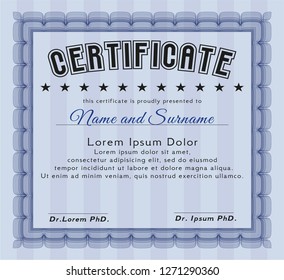 Blue Certificate template. With complex background. Detailed. Lovely design. 