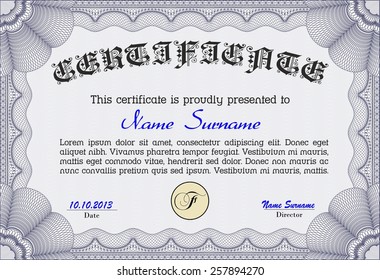 Blue certificate template, complex design.