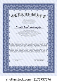 Blue Certificate template. Cordial design. Vector illustration. With background. 