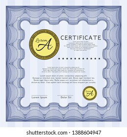Blue Certificate template. Cordial design. Printer friendly. Detailed. 