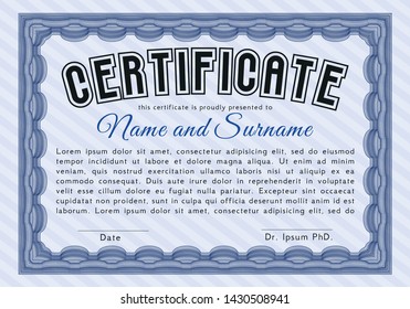 Blue Certificate template. Cordial design. With complex linear background. Detailed. 