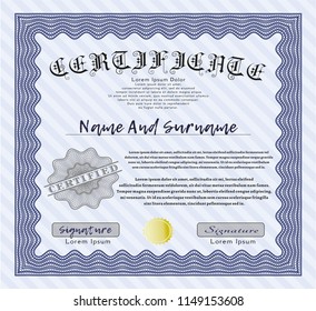 Blue Certificate template. Customizable, Easy to edit and change colors. With complex linear background. Sophisticated design. 