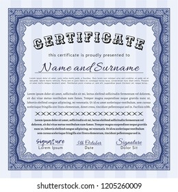 Blue Certificate template. Customizable, Easy to edit and change colors. Easy to print. Cordial design. 