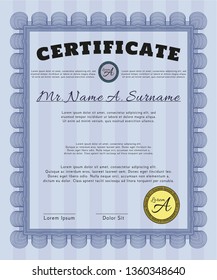 Blue Certificate template. Customizable, Easy to edit and change colors. With linear background. Money Pattern. 