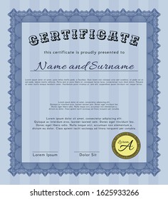 Blue Certificate template. Customizable, Easy to edit and change colors. With great quality guilloche pattern. Nice design. 