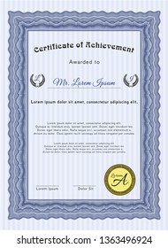 Blue Certificate template. Detailed. Complex background. Superior design. 