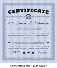 Blue Certificate template. Detailed. With complex linear background. Superior design. 