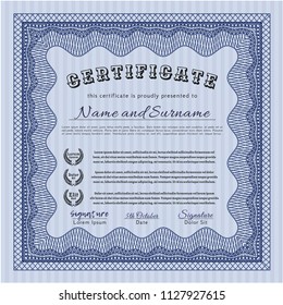 Blue Certificate template. Detailed. With great quality guilloche pattern. Retro design. 