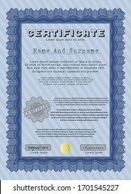 Blue Certificate template. Detailed. With great quality guilloche pattern. Nice design. 