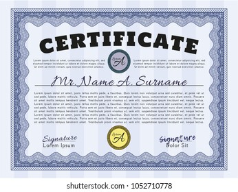 Blue Certificate template. Detailed. With linear background. Modern design. 