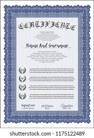 Blue Certificate template. Detailed. With linear background. Beauty design. 