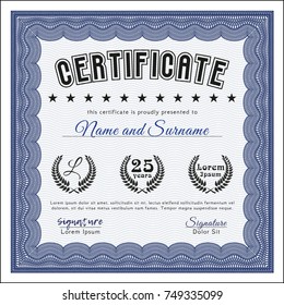 Blue Certificate template or diploma template. With background. Detailed. Excellent design. 