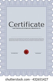 Blue Certificate template or diploma template. Beauty design. Vector pattern that is used in currency and diplomas.Complex background. 