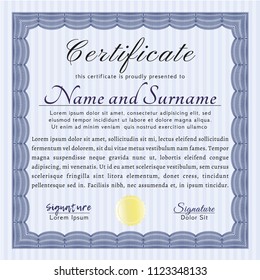 Blue Certificate template or diploma template. Complex background. Sophisticated design. Vector illustration. 