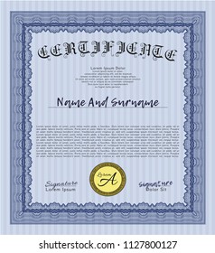 Blue Certificate template or diploma template. With complex linear background. Detailed. Retro design. 