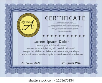 Blue Certificate template or diploma template. With complex linear background. Vector illustration. Elegant design. 
