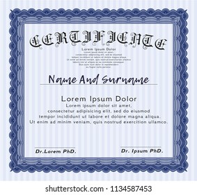 Blue Certificate template or diploma template. Complex background. Detailed. Artistry design. 