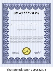 Blue Certificate template or diploma template. Complex background. Lovely design. Customizable, Easy to edit and change colors. 