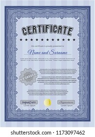 Blue Certificate template or diploma template. With complex linear background. Detailed. Superior design. 