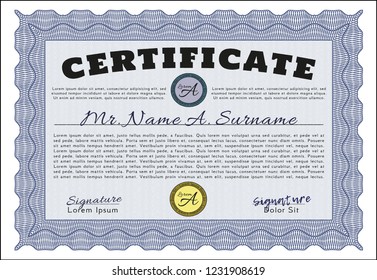 Blue Certificate template or diploma template. With complex background. Detailed. Sophisticated design. 