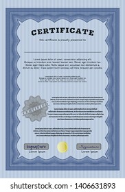 Blue Certificate template or diploma template. Complex background. Detailed. Cordial design. 