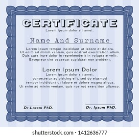 Blue Certificate template or diploma template. With complex linear background. Detailed. Money design. 