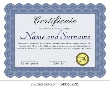 Blue Certificate template or diploma template. Complex background. Money style design. Vector illustration. 