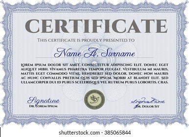 Blue Certificate template or diploma template. Complex background. Vector pattern that is used in currency and diplomas.Superior design. 