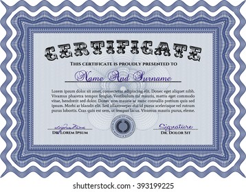 Blue Certificate template or diploma template. Complex background. Vector pattern that is used in currency and diplomas.Beauty design. 