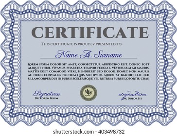 Blue Certificate template or diploma template. Complex background. Vector pattern that is used in currency and diplomas.Superior design. 