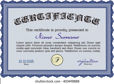 Blue Certificate template or diploma template. Complex background. Vector pattern that is used in currency and diplomas.Superior design. 