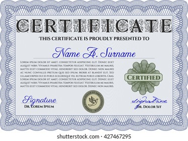 Blue Certificate template or diploma template. Complex background. Beauty design. Vector pattern that is used in currency and diplomas.