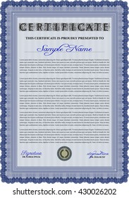 Blue Certificate template or diploma template. Complex background. Beauty design. Vector pattern that is used in currency and diplomas.